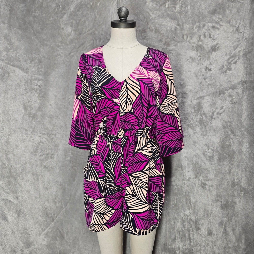 Manuheali'i Romper Women Size M Magenta Leaf Print Hawaiian V-Neck Pockets